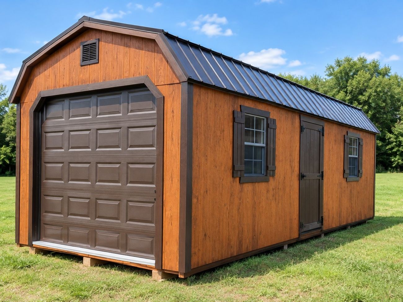 Lofted garage with overhead door