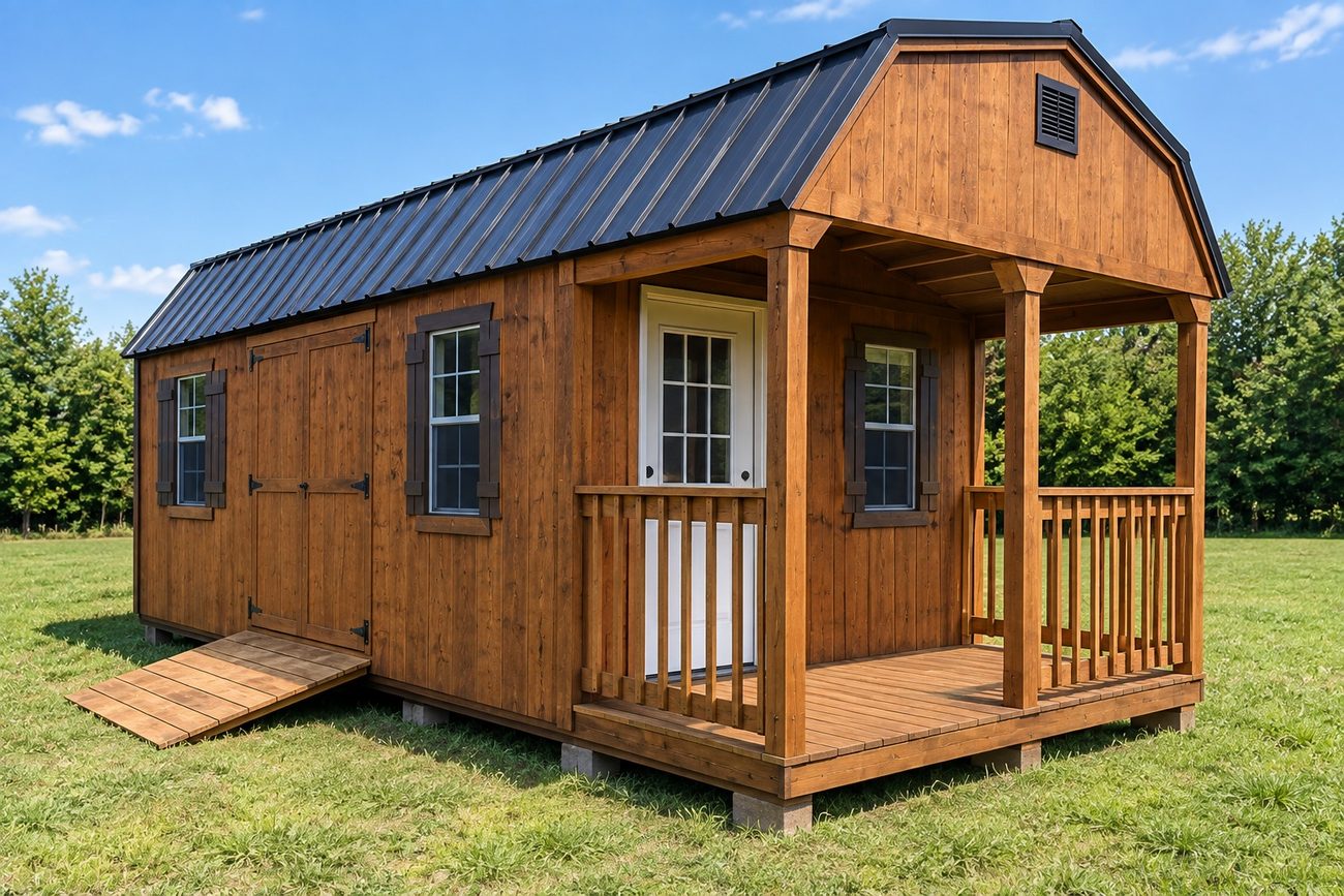 LP SmartSide lofted barn with porch and ramp