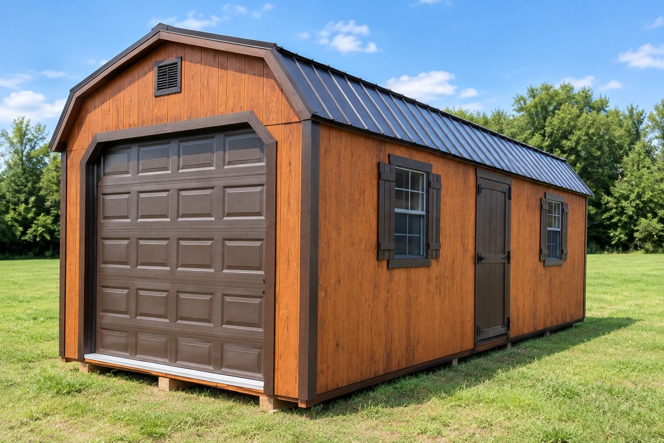 LP SmartSide lofted garage with overhead door