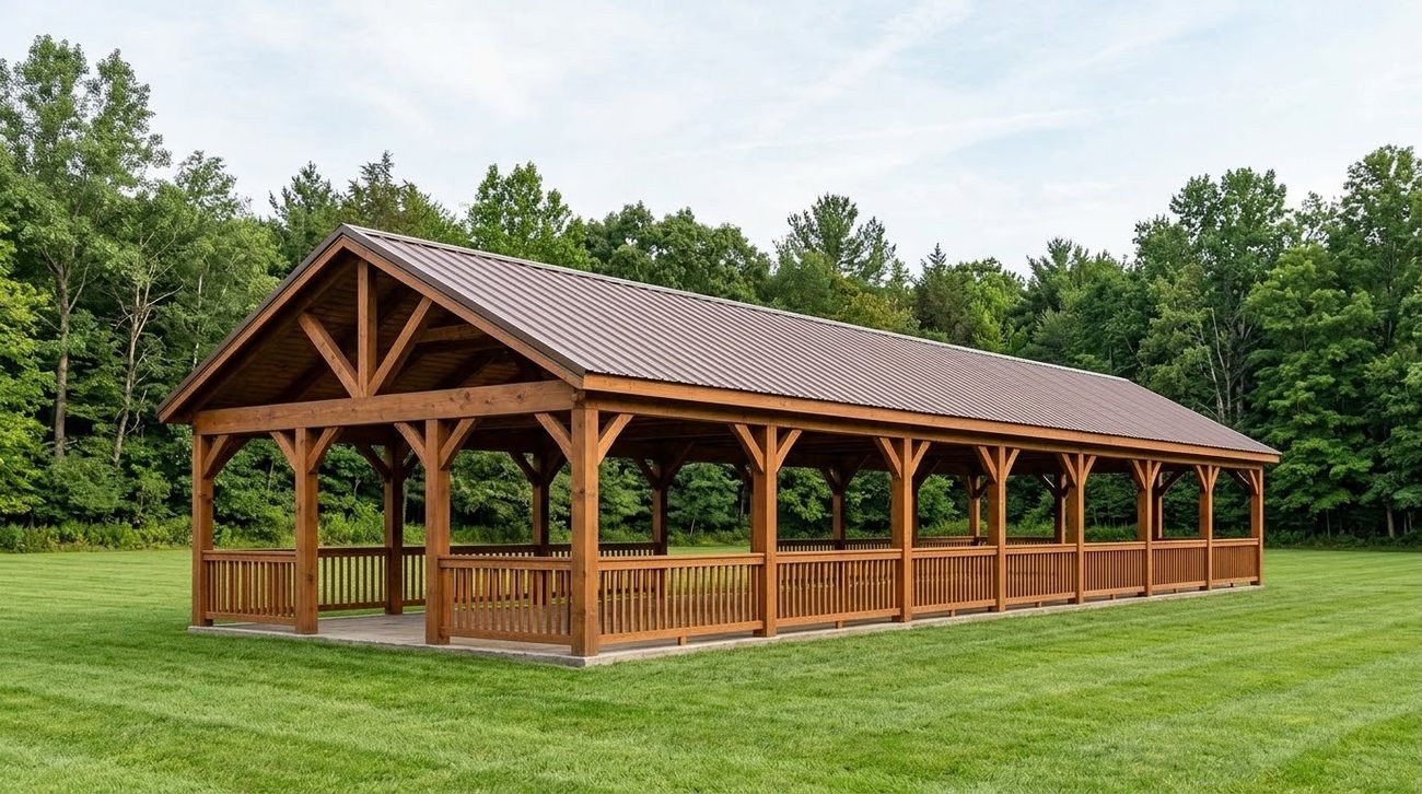 Timber frame pavilion with railings